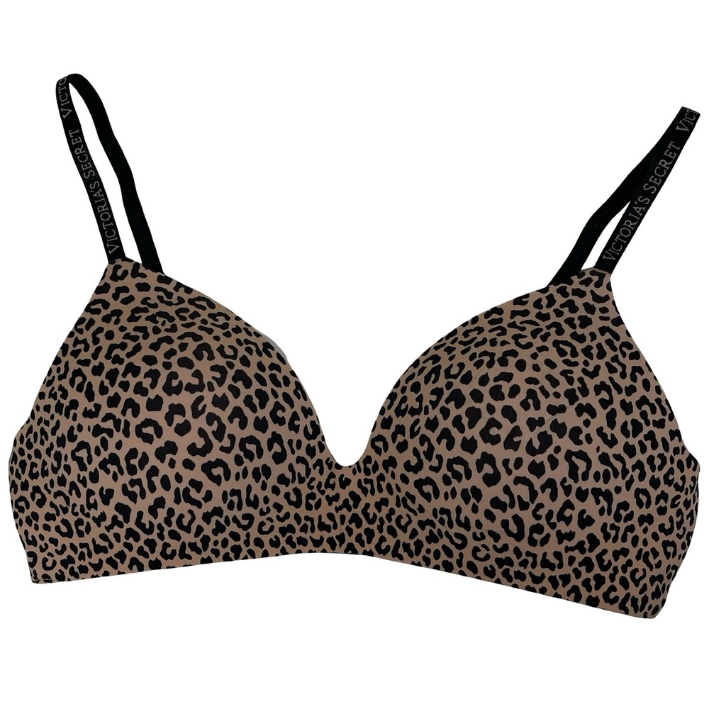Victoria's Secret Wireless Bra Women 34C Tan Leopard Print Logo Strap No Wire